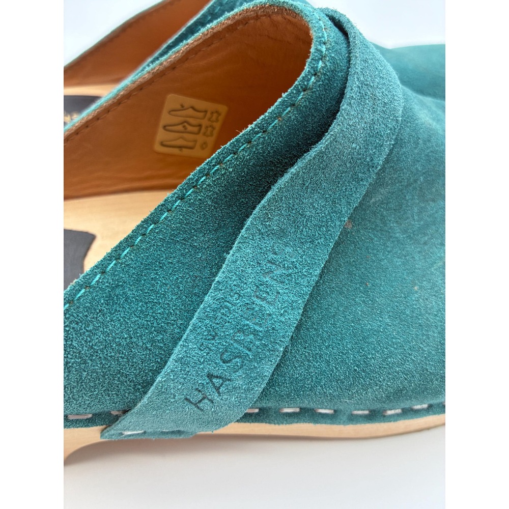Swedish Hasbeens Teal Suede Clogs, Size 37 (US 6.5-7), Wood Sole Slip-On Mules - Picture 9 of 11